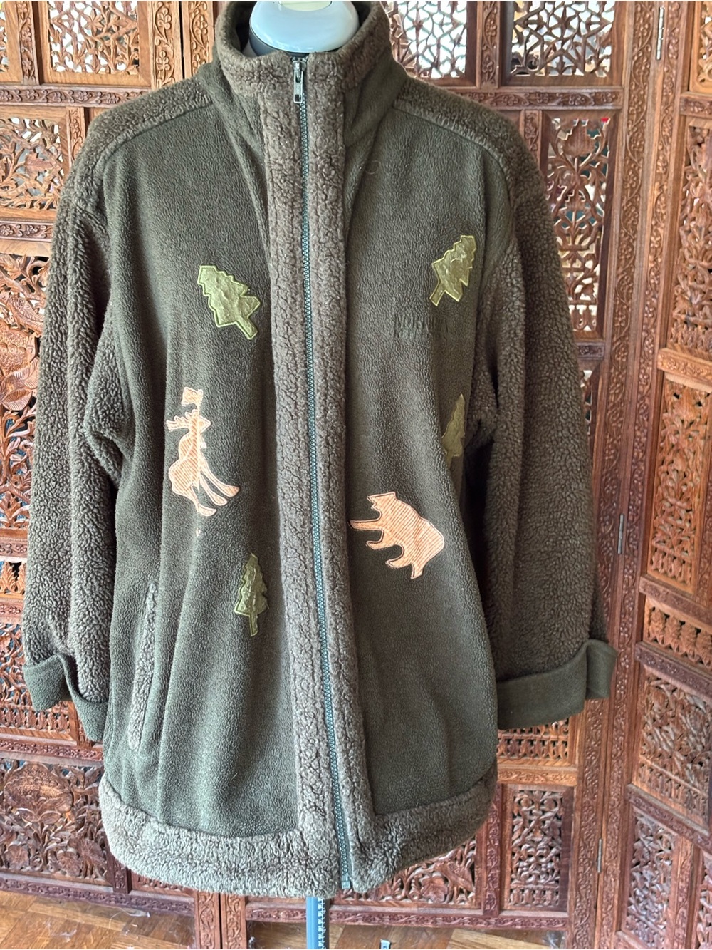 Vintage Northern Reflections Olive Green Teddy Jacket with Nature Appliqués